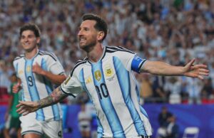 El festejo de Messi tras su triplete (REUTERS).